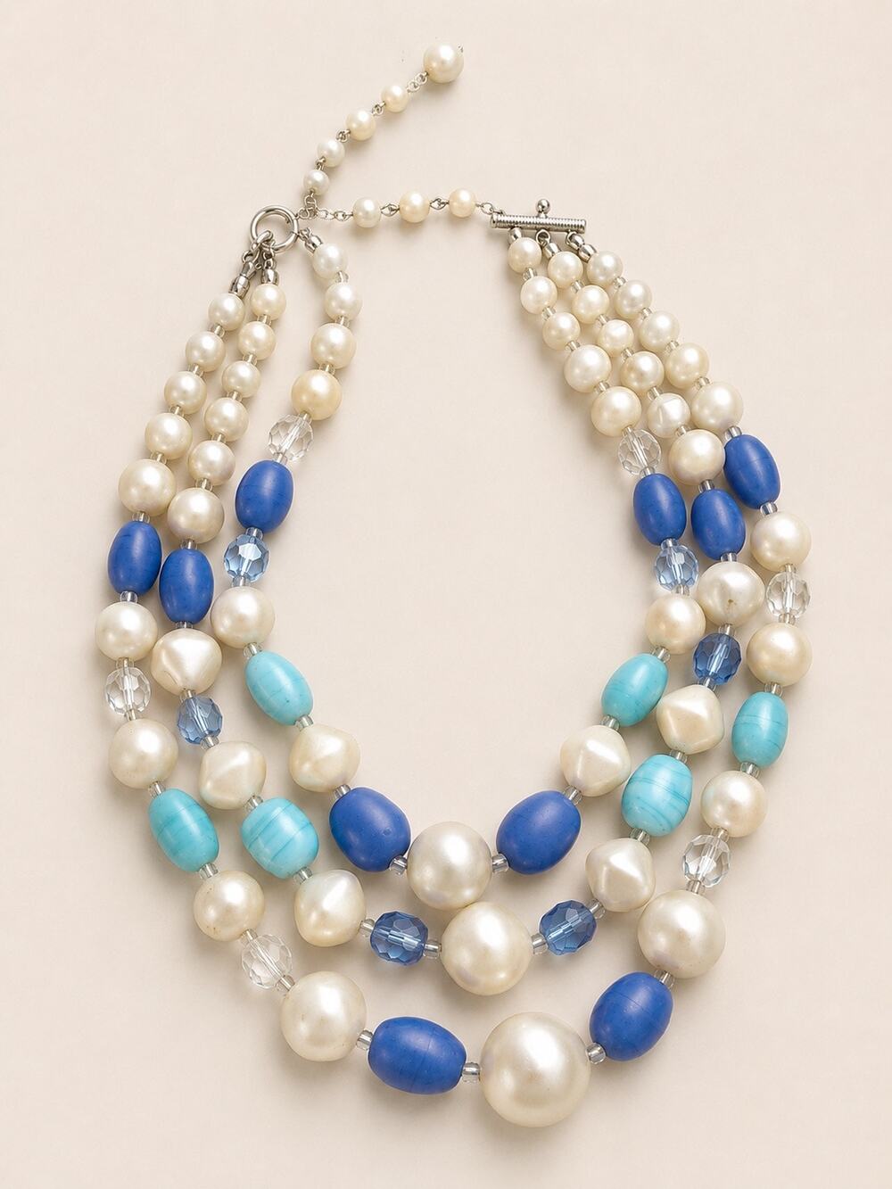 Vintage Multi Strand Faux Pearl Necklace Blue Turquoise Lucite Beads 1960s